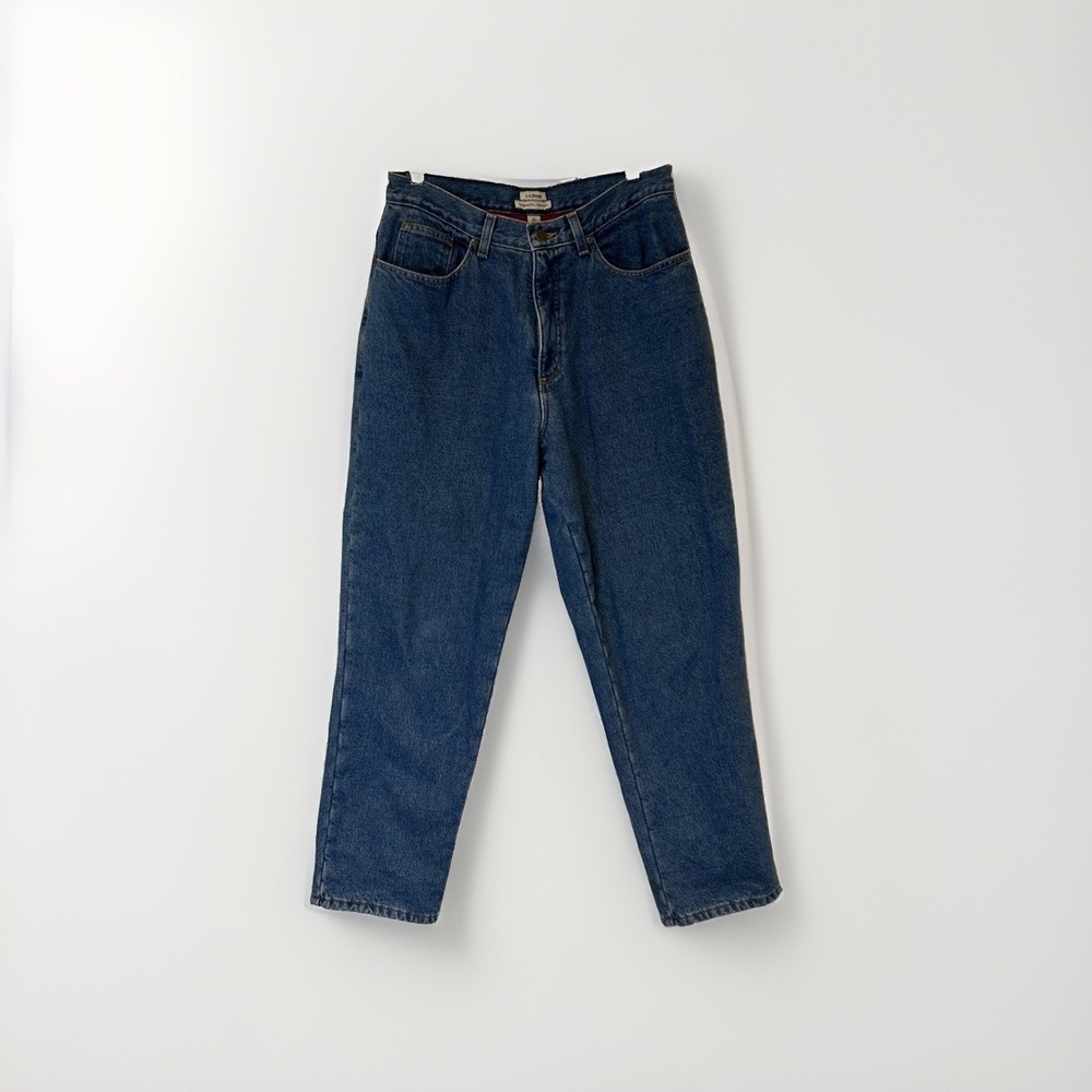 LL Bean Mom Jeans Relaxed Fit Plaid Flannel Lined Blue Womens 12 1990s Vintage